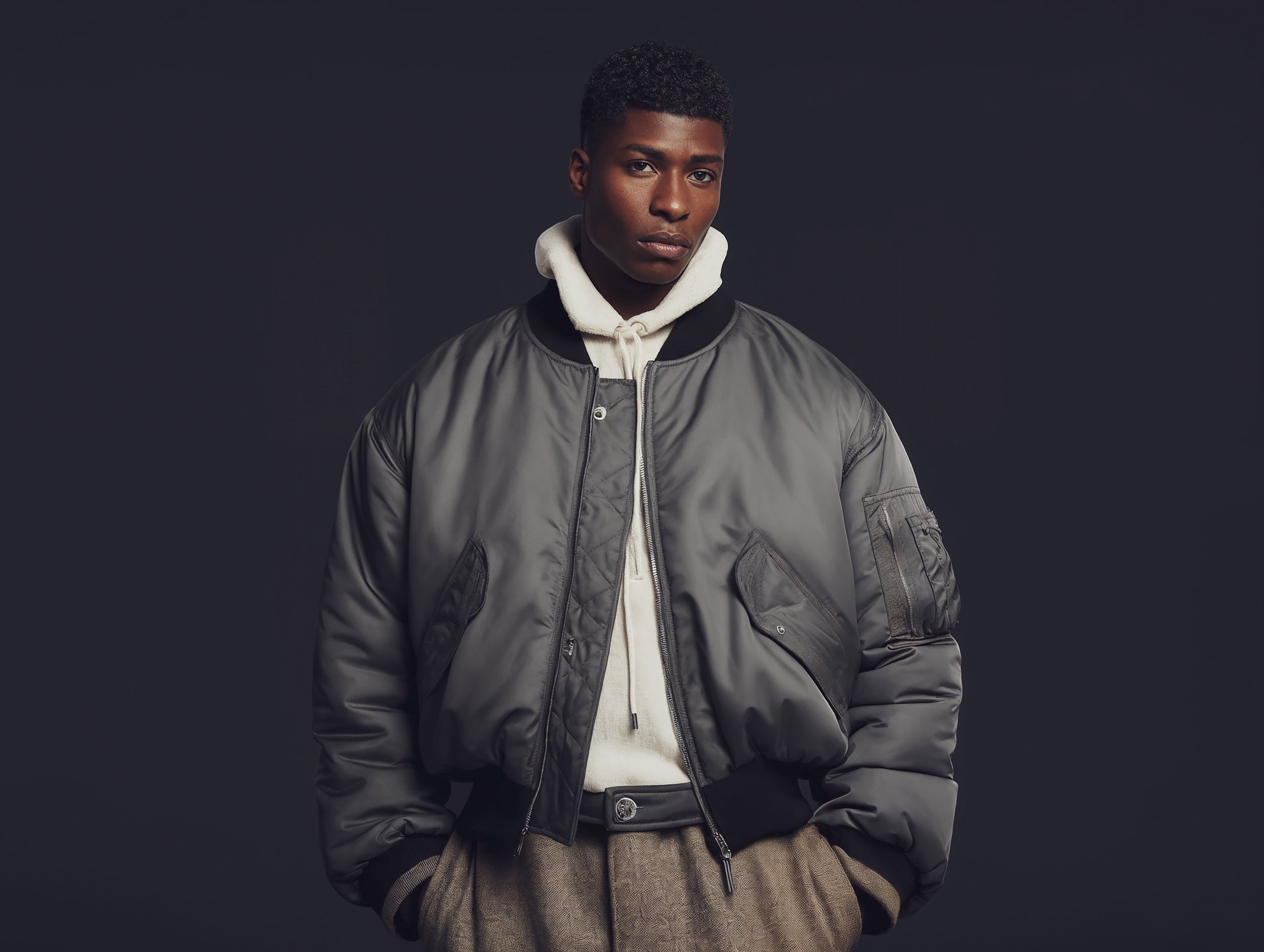 Gorgeous Black Male Model in a grey Fear Of God bomber jacket with a white knitted sweater underneath. 