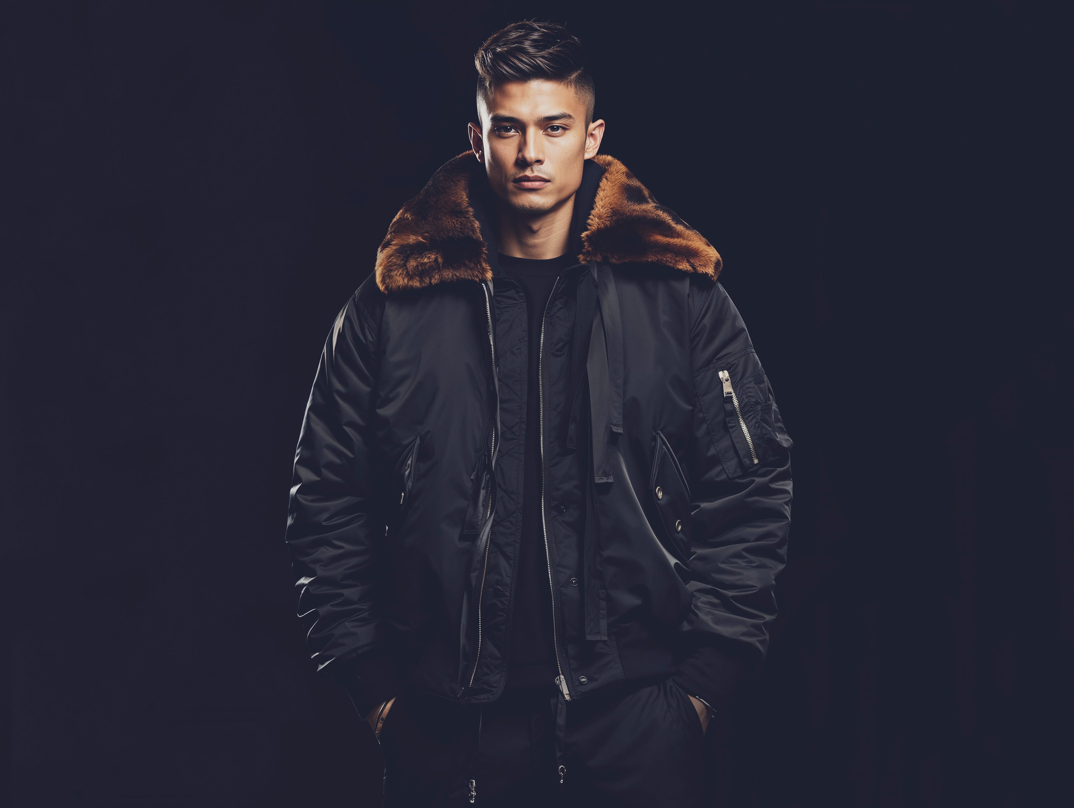 Handsome Asian male model wearing a high-fashion bomber jacket with oversized faux fur collar on a dark blue background.