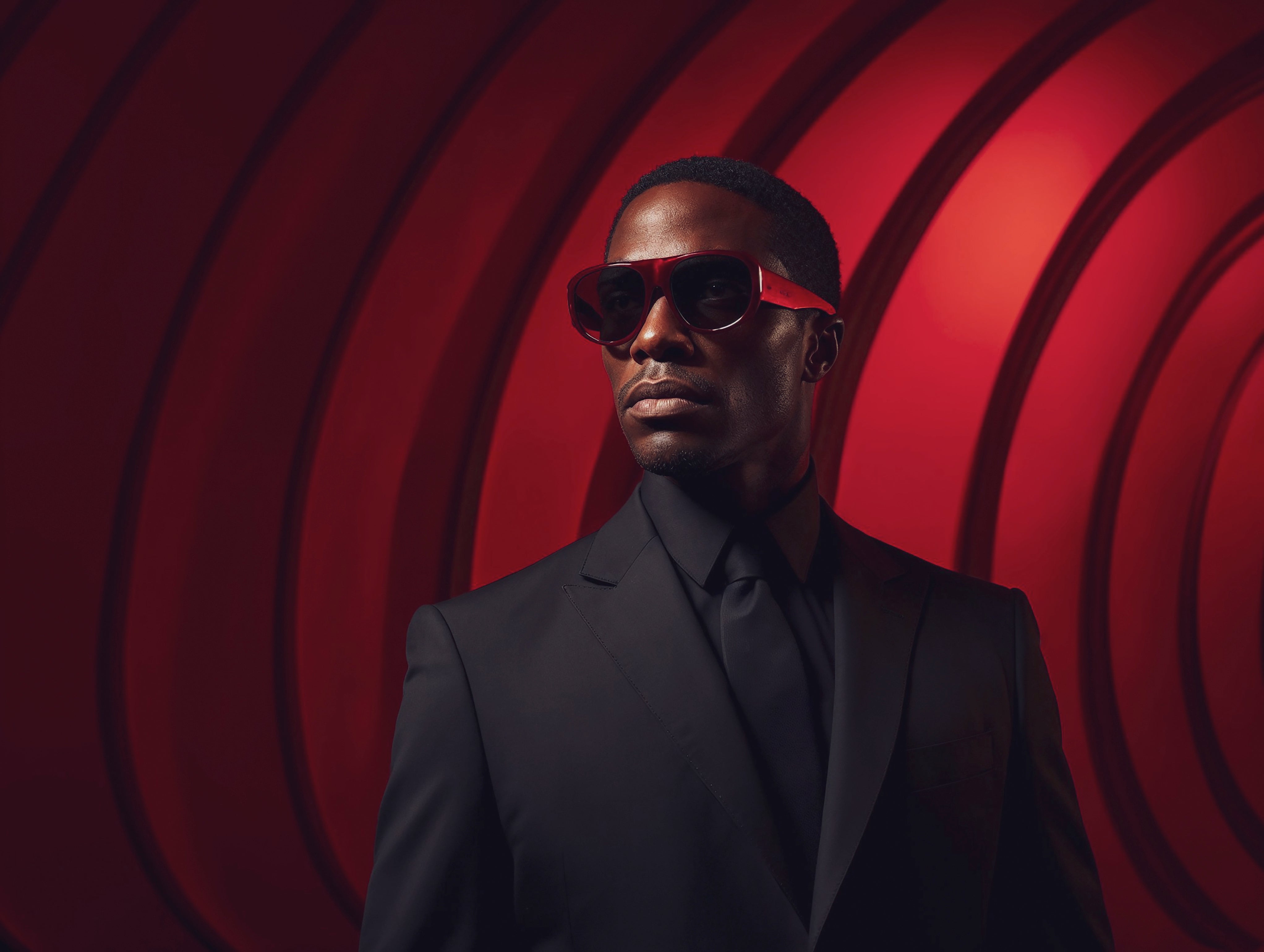 Handsome Black Male Model in a black Tom Ford Suit, shirt and tie, with red sunglasses standing in front of a red background.