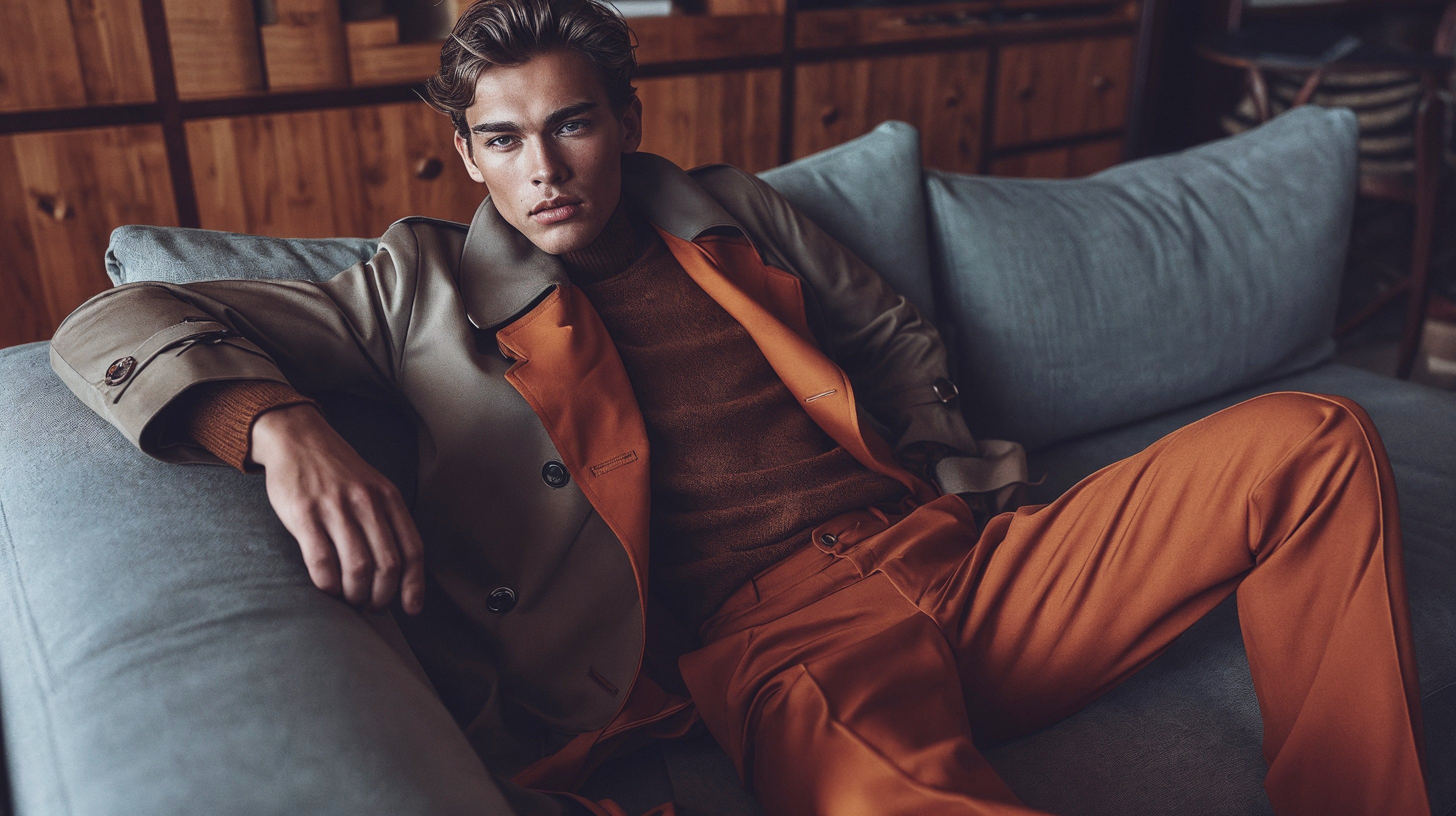 Handsome young male model with piercing blue eyes sitting back on a grey couch modeling high-fashion trench coat, turtleneck sweater and slacks.